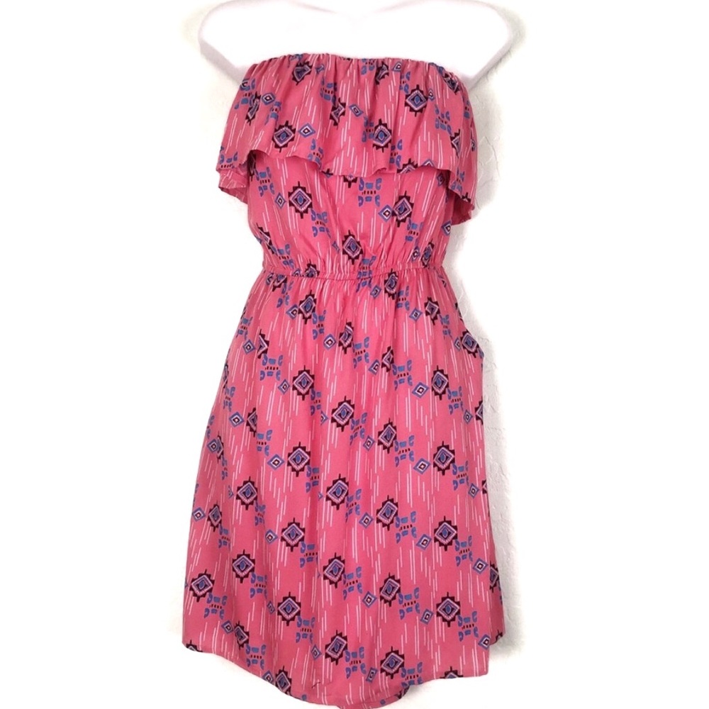 Charlotte Russe Pink Strapless Ruffle Sundress with Blue Print